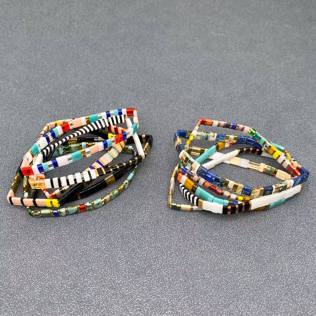 Boho Glass & Hematite Beaded TILA Beads Stretch Bracelets