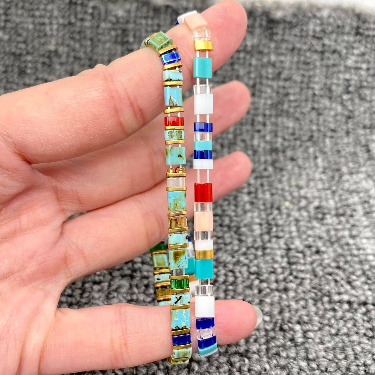 Boho Glass & Hematite Beaded TILA Beads Stretch Bracelets