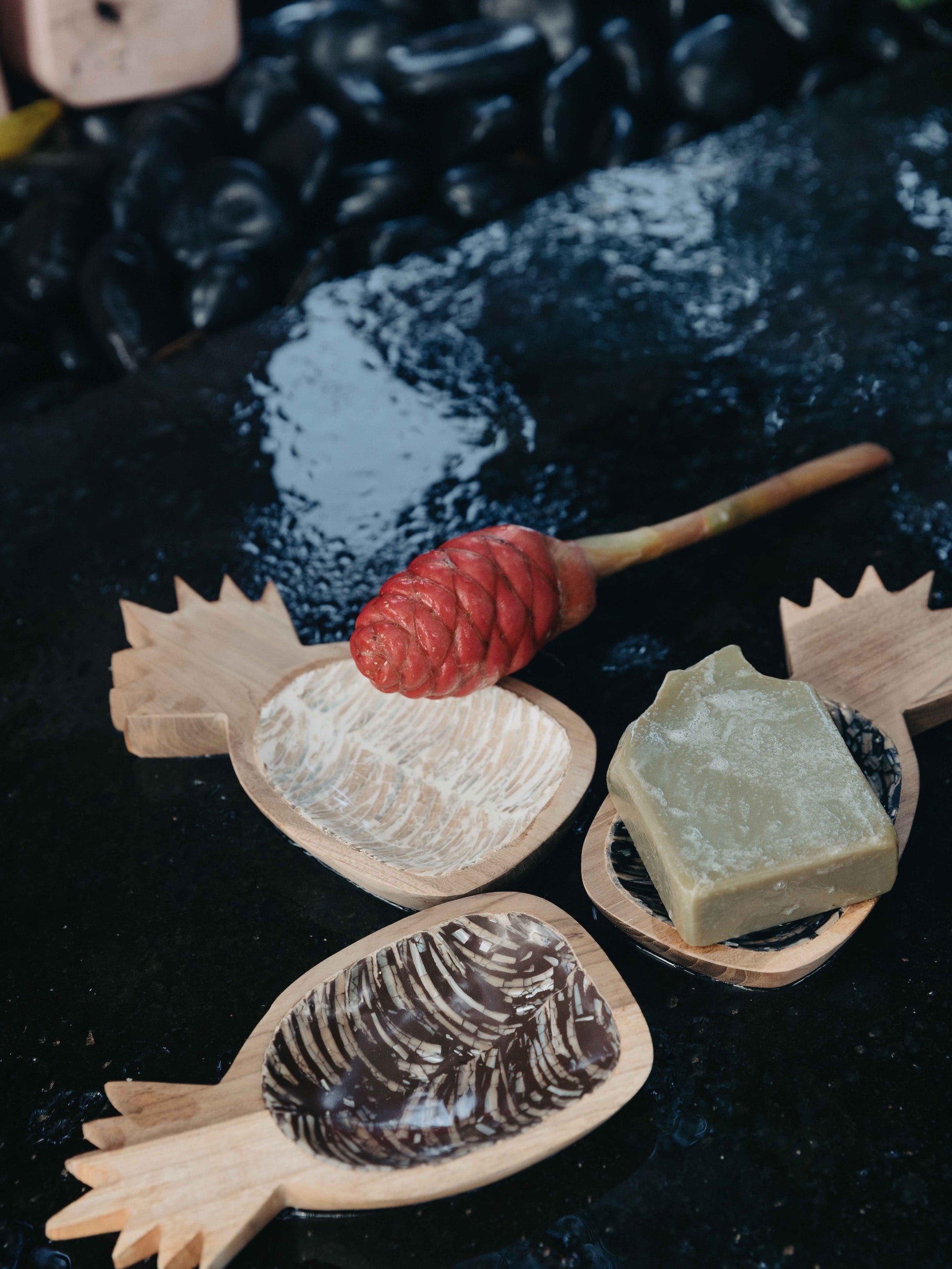 Teak and Mother of Pearl Pineapple Soap Dish