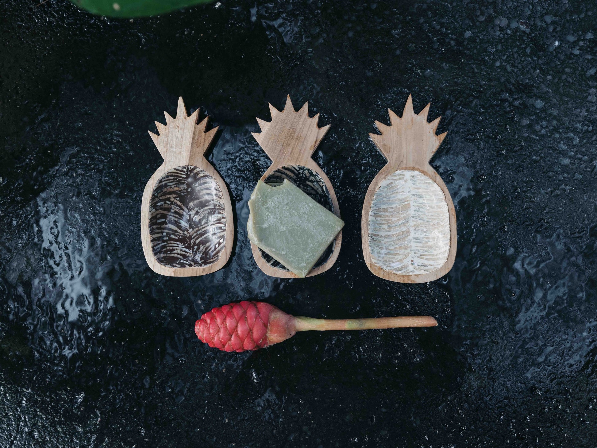 Teak and Mother of Pearl Pineapple Soap Dish