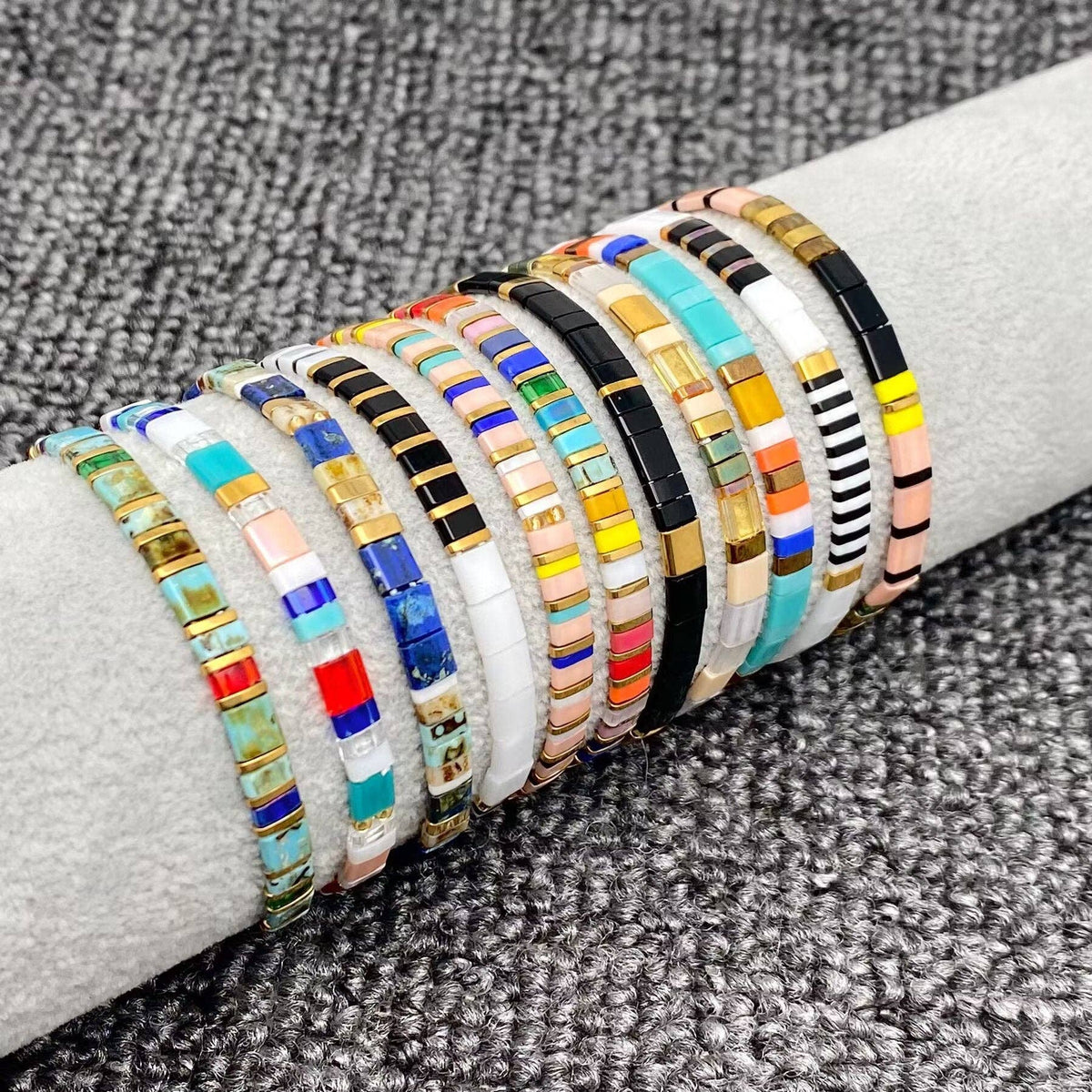 Boho Glass & Hematite Beaded TILA Beads Stretch Bracelets