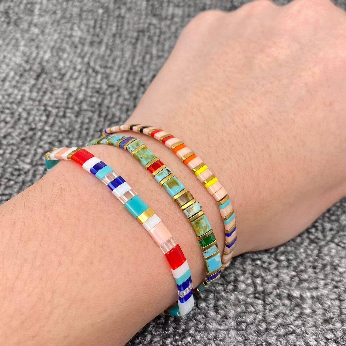 Boho Glass & Hematite Beaded TILA Beads Stretch Bracelets
