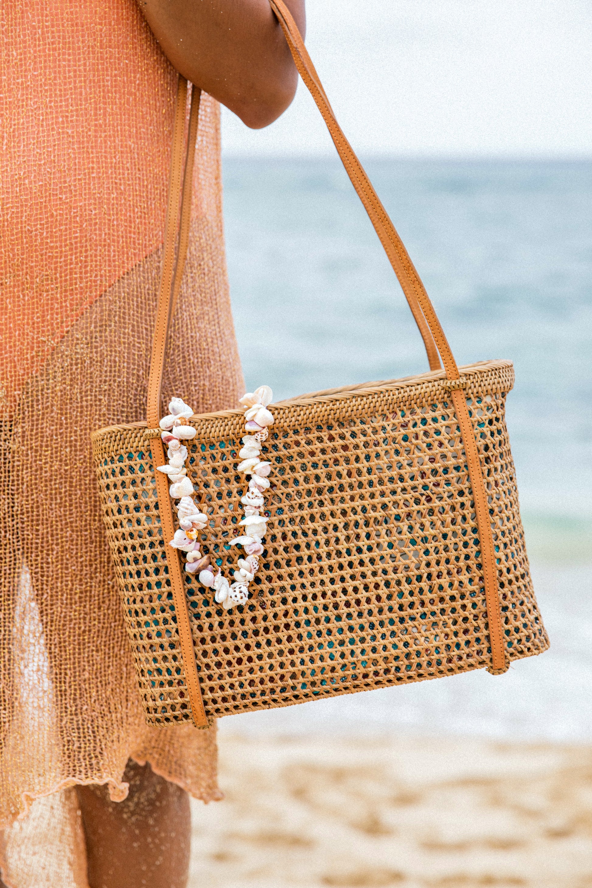 Specialty Batik Lined Rattan Tote Bag