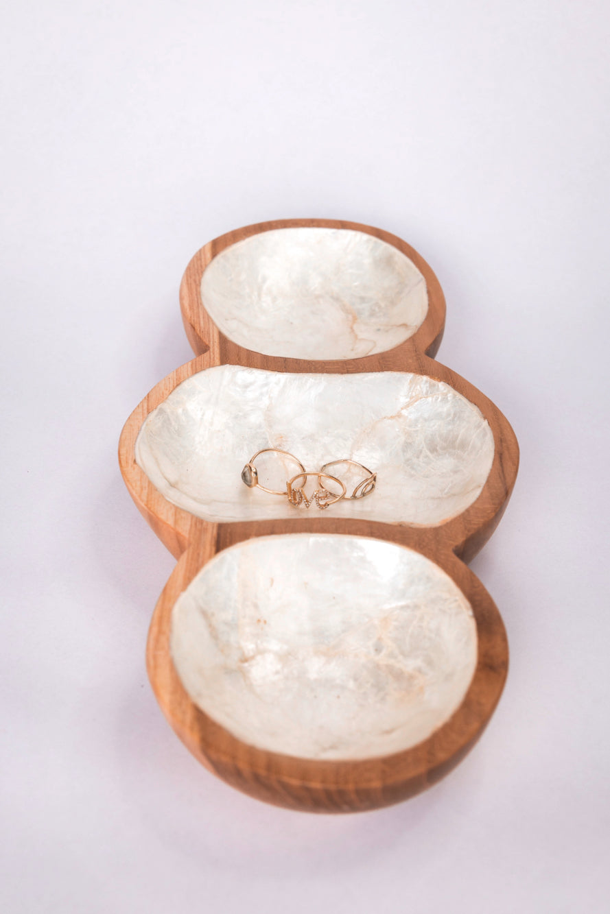 Teak and White Mother of Pearl 3 Part Serving Dish
